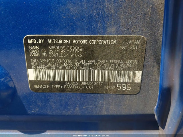 45498844 :رقم المزاد ، JA32U2FU6HU013017 vin ، 2017 Mitsubishi Lancer Le مزاد بيع