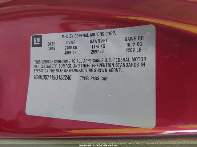 2009 Buick Lucerne Cxl მანქანა იყიდება აუქციონზე, vin: 1G4HD57119U138246, აუქციონის ნომერი: 45498912