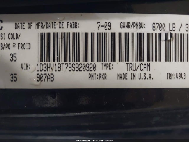 2009 Dodge Ram 1500 Slt/sport მანქანა იყიდება აუქციონზე, vin: 1D3HV18T79S820920, აუქციონის ნომერი: 45498923