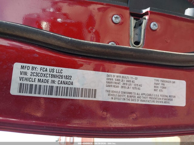 45498928 :رقم المزاد ، 2C3CDXCT8NH261822 vin ، 2022 Dodge Charger R/t مزاد بيع