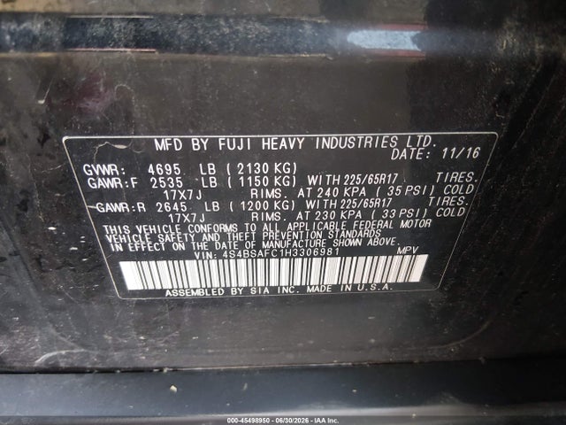45498950 :رقم المزاد ، 4S4BSAFC1H3306981 vin ، 2017 Subaru Outback 2.5i Premium مزاد بيع