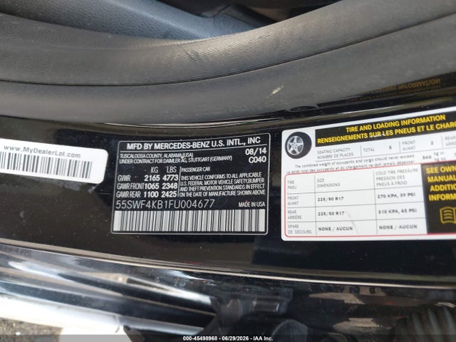 45498968 :رقم المزاد ، 55SWF4KB1FU004677 vin ، 2015 Mercedes-benz C 300 4matic مزاد بيع