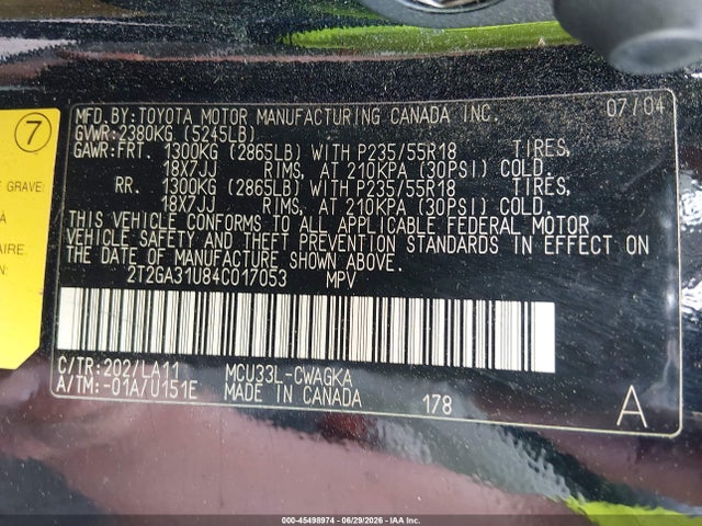 45498974 :رقم المزاد ، 2T2GA31U84C017053 vin ، 2004 Lexus Rx 330 مزاد بيع