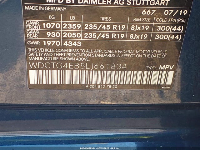 45498984 :رقم المزاد ، WDCTG4EB5LJ661834 vin ، 2020 Mercedes-benz Gla 250 مزاد بيع