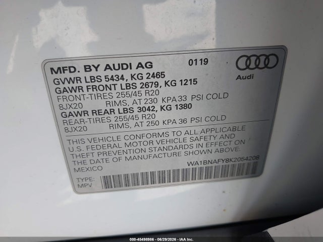 2019 Audi Q5 45 Premium მანქანა იყიდება აუქციონზე, vin: WA1BNAFY8K2054208, აუქციონის ნომერი: 45498986