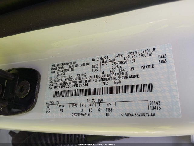 Aukcja sprzedaży 2024 Ford F-150 Lariat, vin: 1FTFW5L58RFB89746, numer aukcji: 45498998