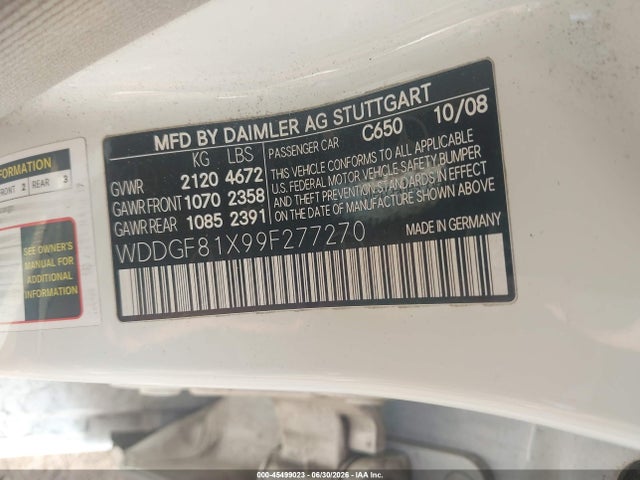 Продаж на аукціоні авто 2009 Mercedes-benz C 300 Luxury 4matic/sport 4matic, vin: WDDGF81X99F277270, номер лоту: 45499023