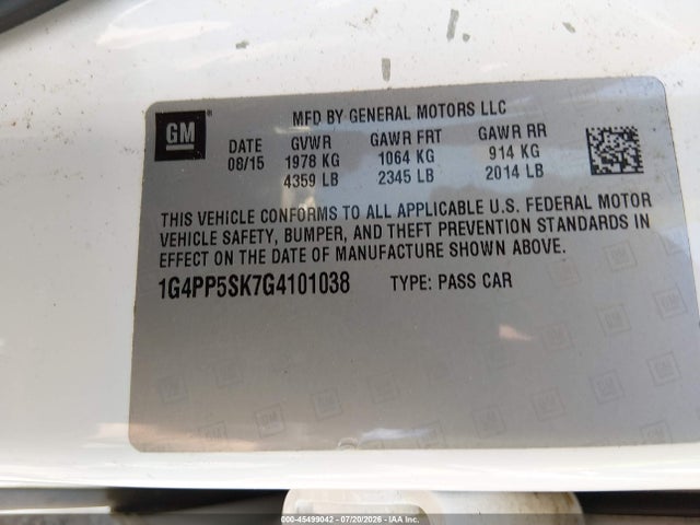 2016 Buick Verano მანქანა იყიდება აუქციონზე, vin: 1G4PP5SK7G4101038, აუქციონის ნომერი: 45499042