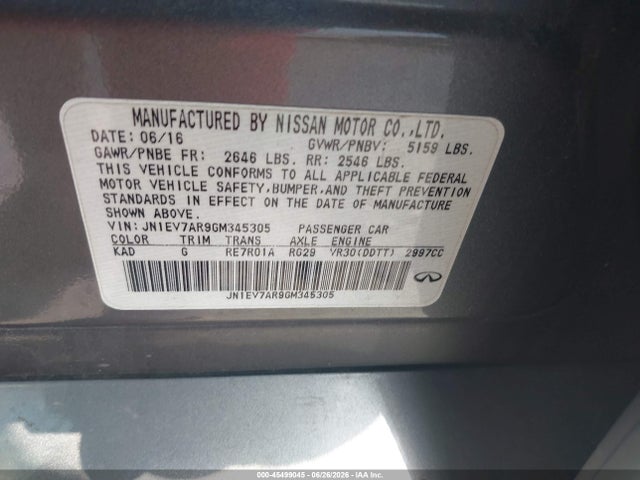 45499045 :رقم المزاد ، JN1EV7AR9GM345305 vin ، 2016 Infiniti Q50 3.0t Premium مزاد بيع