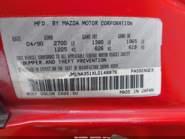 1990 Mazda Mx-5 Miata მანქანა იყიდება აუქციონზე, vin: JM1NA351XL0148876, აუქციონის ნომერი: 45499061