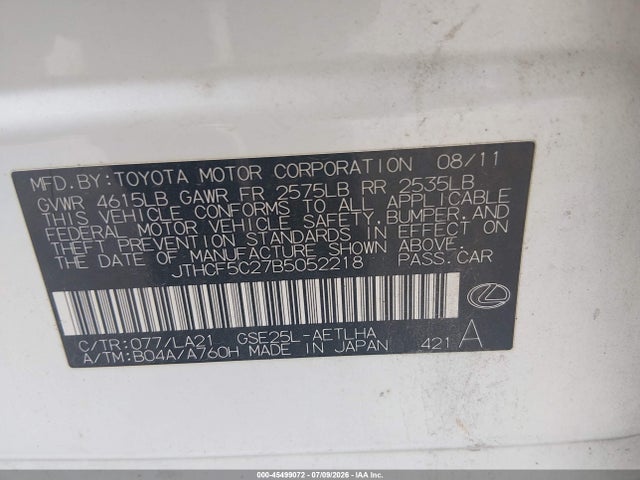 Продажа на аукционе авто 2011 Lexus Is 250, vin: JTHCF5C27B5052218, номер лота: 45499072