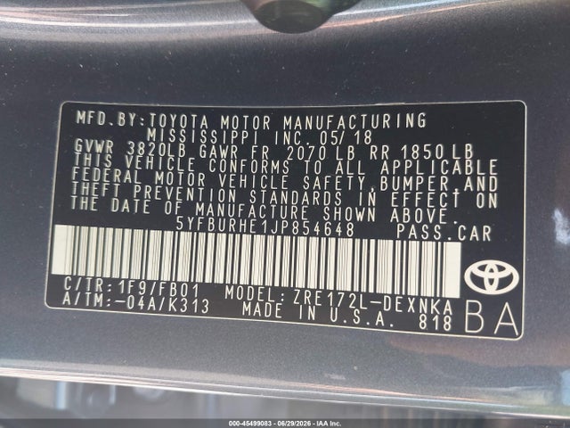 45499083 :رقم المزاد ، 5YFBURHE1JP854648 vin ، 2018 Toyota Corolla Le مزاد بيع