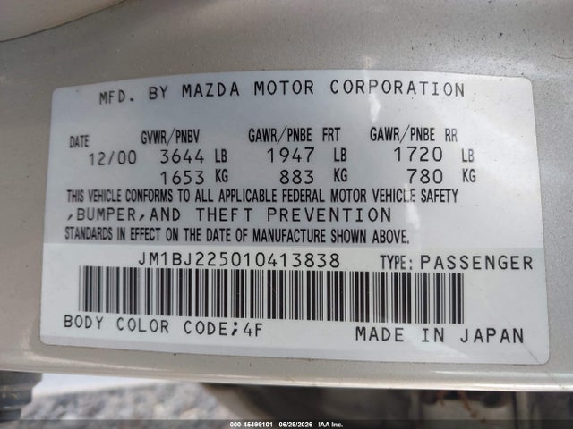 2001 Mazda Protege Es/lx მანქანა იყიდება აუქციონზე, vin: JM1BJ225010413838, აუქციონის ნომერი: 45499101