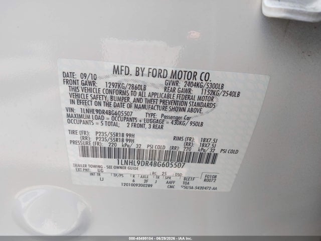 Aukcja sprzedaży 2011 Lincoln Mks, vin: 1LNHL9DR4BG605507, numer aukcji: 45499104