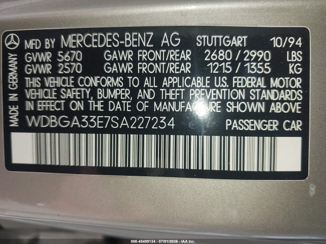 Aukcja sprzedaży 1995 Mercedes-benz S 320, vin: WDBGA33E7SA227234, numer aukcji: 45499134