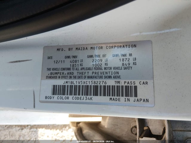 45499141 :رقم المزاد ، JM1BL1V5XC1582276 vin ، 2012 Mazda Mazda3 S Touring مزاد بيع