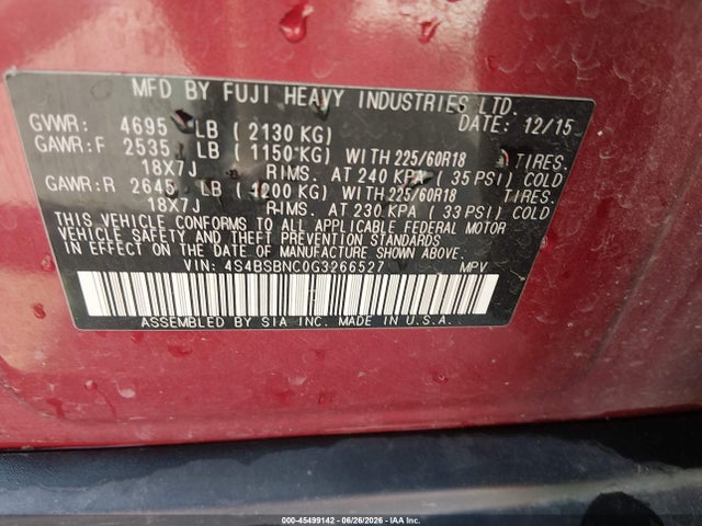 Subaru Outback 2.5i Limited 2016 4S4BSBNC0G3266527 Image 9