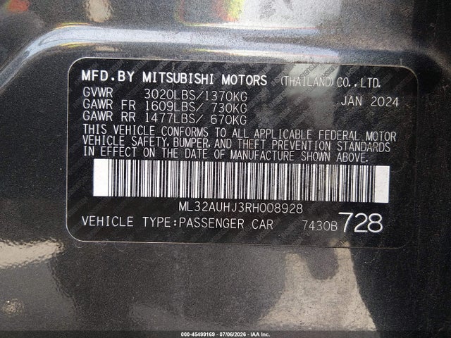 Продажа на аукционе авто 2024 Mitsubishi Mirage Es, vin: ML32AUHJ3RH008928, номер лота: 45499169