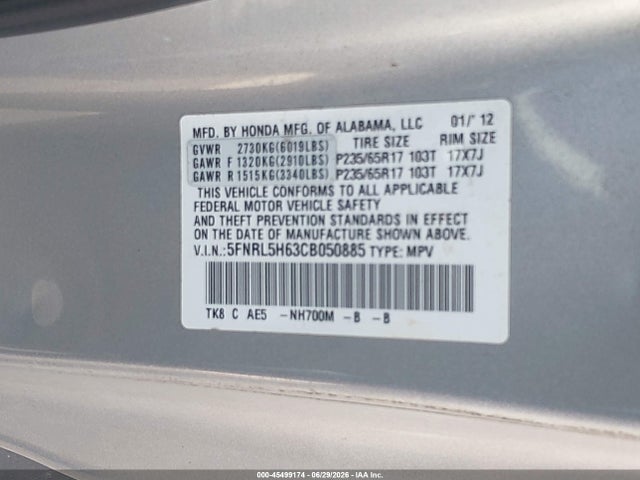 2012 Honda Odyssey Ex-l მანქანა იყიდება აუქციონზე, vin: 5FNRL5H63CB050885, აუქციონის ნომერი: 45499174