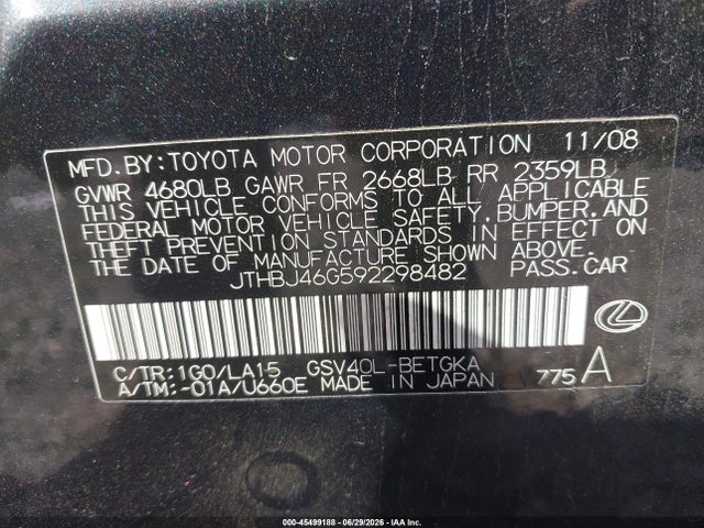 Aukcja sprzedaży 2009 Lexus Es 350, vin: JTHBJ46G592298482, numer aukcji: 45499188