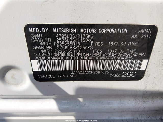 Aukcja sprzedaży 2017 Mitsubishi Outlander Es, vin: JA4AD2A3XHZ067025, numer aukcji: 45499220