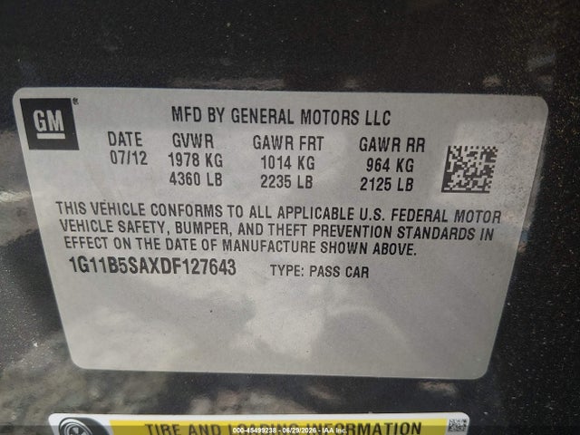 45499238 :رقم المزاد ، 1G11B5SAXDF127643 vin ، 2013 Chevrolet Malibu 1ls مزاد بيع