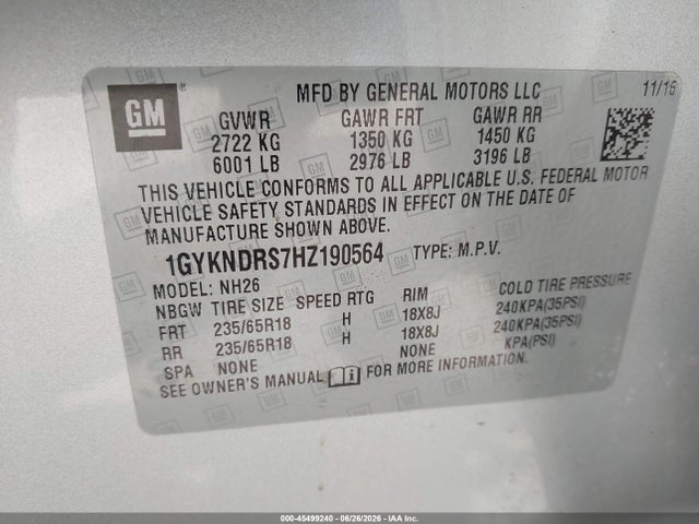 45499240 :رقم المزاد ، 1GYKNDRS7HZ190564 vin ، 2017 Cadillac Xt5 Luxury مزاد بيع
