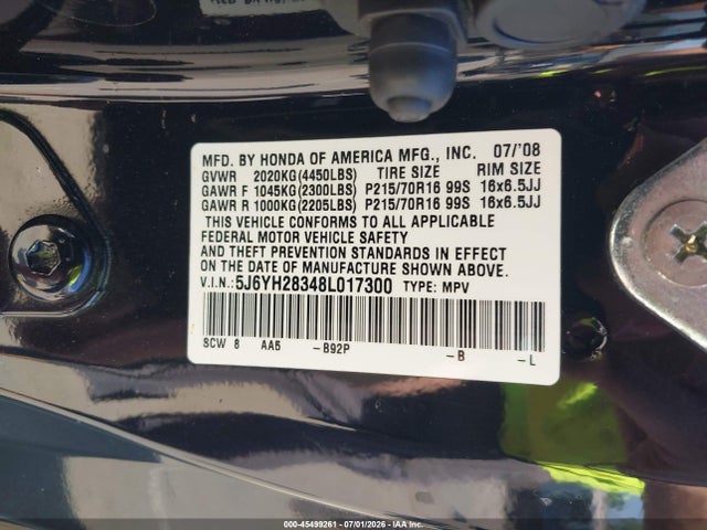 45499261 :رقم المزاد ، 5J6YH28348L017300 vin ، 2008 Honda Element Lx مزاد بيع