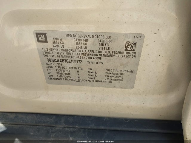 3GNCJLSB7GL169172 Chevrolet Trax Lt