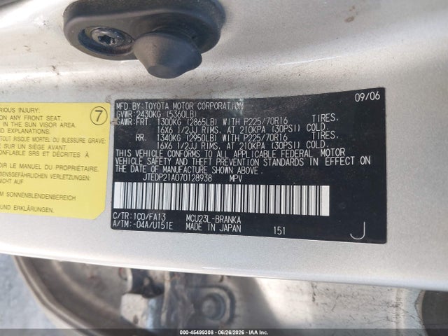 Auction sale of the 2007 Toyota Highlander 3rd Row, vin: JTEDP21A070128938, lot number: 45499308