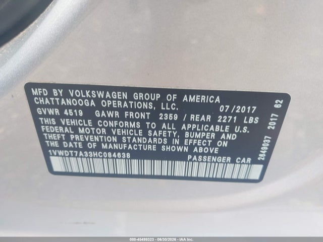 45499323 :رقم المزاد ، 1VWDT7A33HC084638 vin ، 2017 Volkswagen Passat 1.8t R-line مزاد بيع