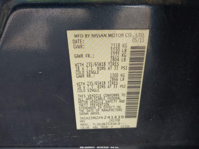 Nissan MURANO SV 2015 5N1AZ2MG1FN241439 Image 9