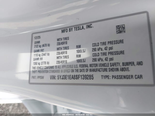 45499342 :رقم المزاد ، 5YJ3E1EA8SF139285 vin ، 2025 Tesla Model 3 Long Range Rear-wheel Drive/standard Rear-wheel Drive مزاد بيع