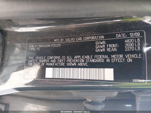 45499365 :رقم المزاد ، YV1982AS9A1125225 vin ، 2010 Volvo S80 3.2 مزاد بيع