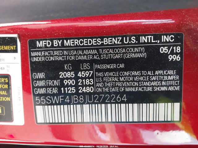 45499374 :رقم المزاد ، 55SWF4JB8JU272264 vin ، 2018 Mercedes-benz C 300 مزاد بيع