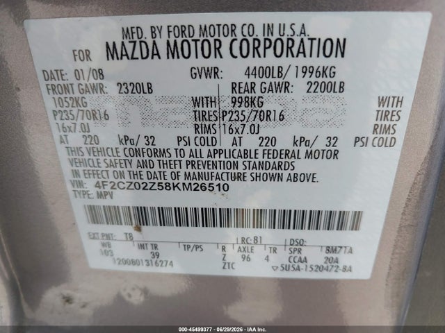 Aukcja sprzedaży 2008 Mazda Tribute I Sport, vin: 4F2CZ02Z58KM26510, numer aukcji: 45499377