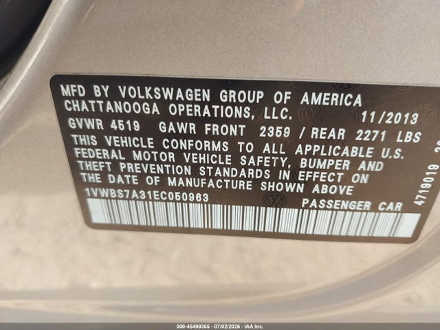 45499385 :رقم المزاد ، 1VWBS7A31EC050963 vin ، 2014 Volkswagen Passat 1.8t Se مزاد بيع