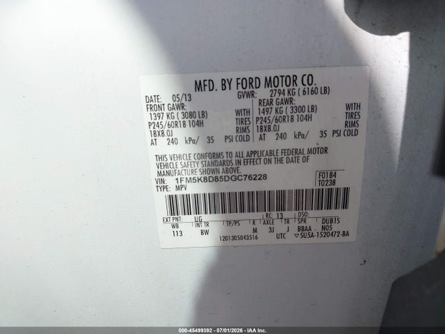 45499392 :رقم المزاد ، 1FM5K8D85DGC76228 vin ، 2013 Ford Explorer Xlt مزاد بيع