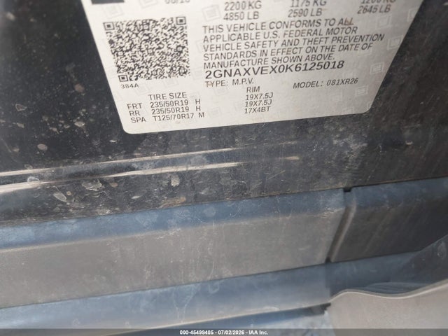 Aukcja sprzedaży 2019 Chevrolet Equinox Lt, vin: 2GNAXVEX0K6125018, numer aukcji: 45499405