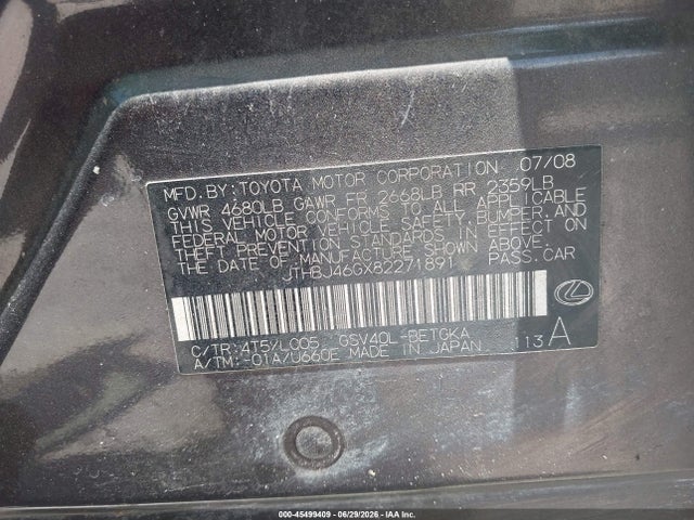 2008 Lexus Es 350 მანქანა იყიდება აუქციონზე, vin: JTHBJ46GX82271891, აუქციონის ნომერი: 45499409