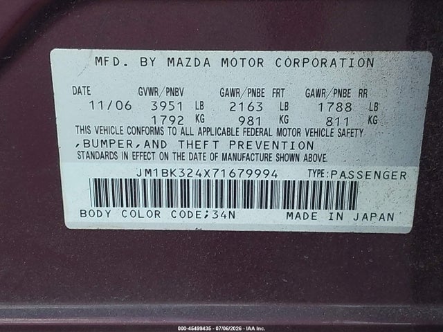 Aukcja sprzedaży 2007 Mazda Mazda3 S Grand Touring, vin: JM1BK324X71679994, numer aukcji: 45499435