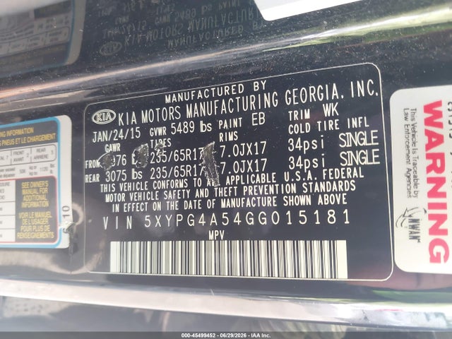 Aukcja sprzedaży 2016 Kia Sorento 3.3l Lx, vin: 5XYPG4A54GG015181, numer aukcji: 45499452