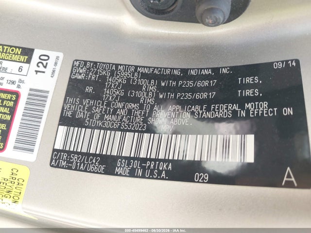 2015 Toyota Sienna Xle 8 Passenger მანქანა იყიდება აუქციონზე, vin: 5TDYK3DC6FS532023, აუქციონის ნომერი: 45499462