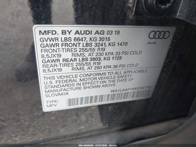 Продаж на аукціоні авто 2019 Audi Q7 55 Premium/55 Se Premium, vin: WA1LAAF7XKD037762, номер лоту: 45499465