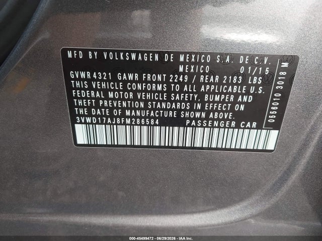 45499472 :رقم المزاد ، 3VWD17AJ8FM286584 vin ، 2015 Volkswagen Jetta 1.8t Se مزاد بيع