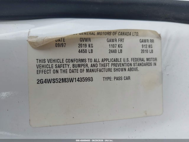 1998 Buick Century Custom მანქანა იყიდება აუქციონზე, vin: 2G4WS52M3W1435993, აუქციონის ნომერი: 45499485