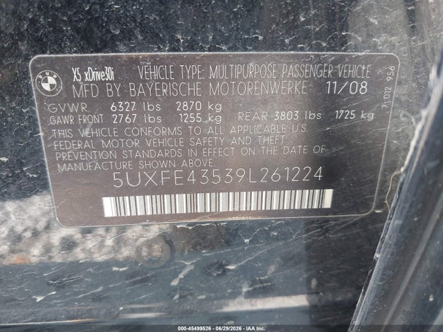 45499526 :رقم المزاد ، 5UXFE43539L261224 vin ، 2009 Bmw X5 Xdrive30i مزاد بيع