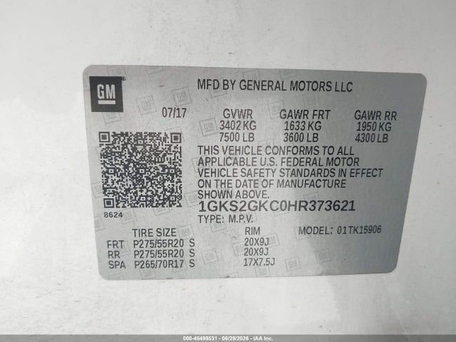 Aukcja sprzedaży 2017 Gmc Yukon Xl Slt, vin: 1GKS2GKC0HR373621, numer aukcji: 45499531