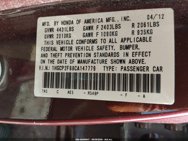 Продажа на аукционе авто 2012 Honda Accord 2.4 Ex-l, vin: 1HGCP2F88CA147779, номер лота: 45499547