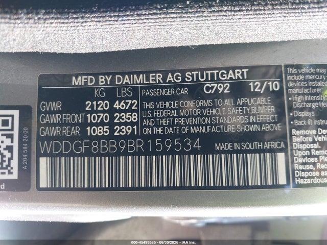 Продаж на аукціоні авто 2011 Mercedes-benz C 300, vin: WDDGF8BB9BR159534, номер лоту: 45499565